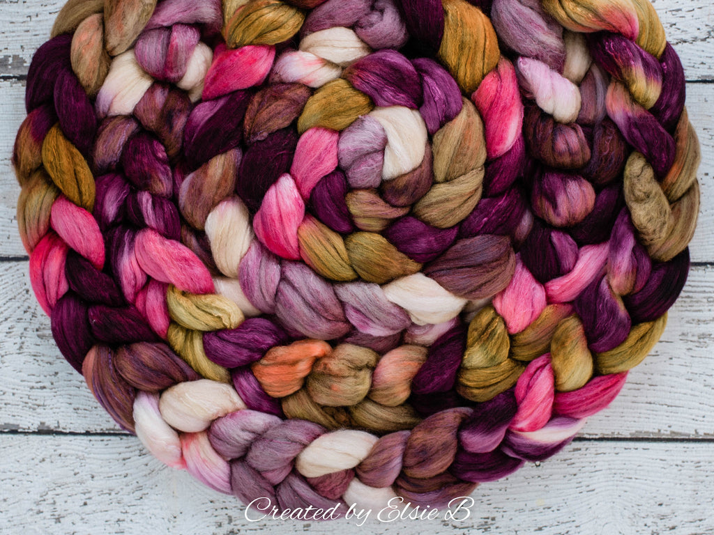 Organic Polwarth/ Silk &#39;Romance Remembered&#39; 4 oz wool silk roving, pink hand dyed wool, CreatedbyElsieB brown combed top, tan spinning fiber