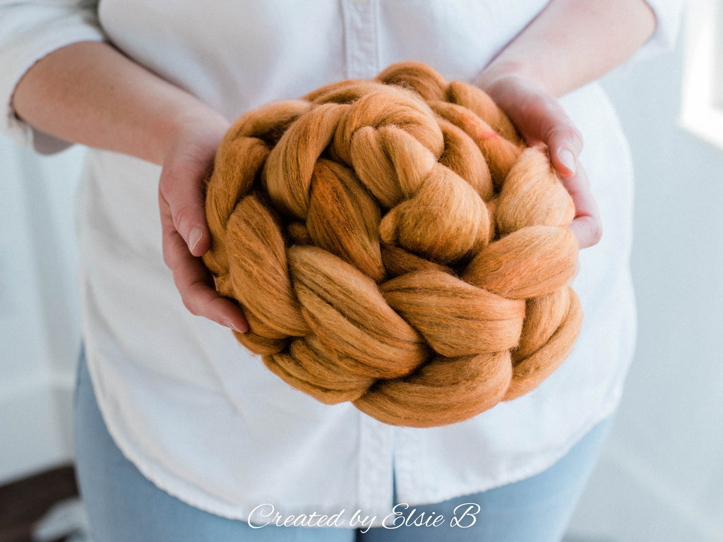 Organic Polwarth/ Silk &#39;Caramel&#39; 4 oz semi-solid spinning fiber, hand dyed wool, Created by ElsieB wool silk roving by the pound, combed top