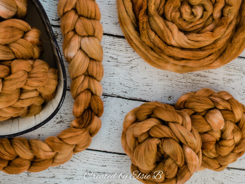 Organic Polwarth/ Silk &#39;Caramel&#39; 4 oz semi-solid spinning fiber, hand dyed wool, Created by ElsieB wool silk roving by the pound, combed top
