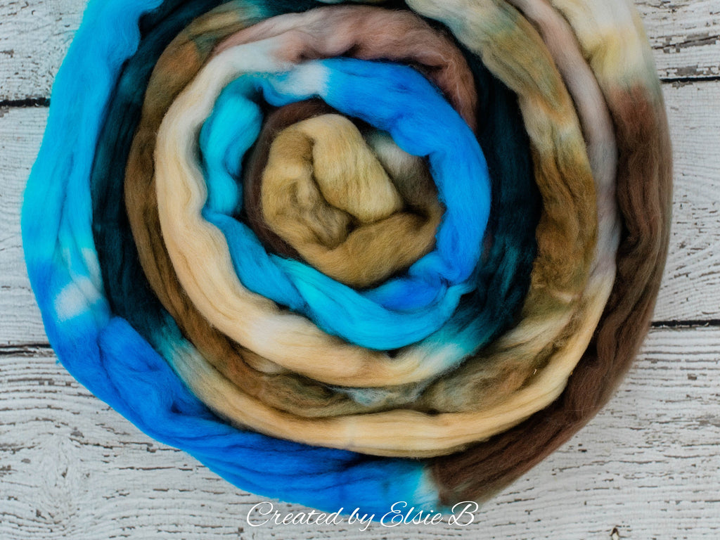 Superwash Merino/ Nylon &#39;Lagoon&#39; 4 oz blue combed top, teal superwash merino roving Created by Elsie B tan hand dyed roving, spinning fiber