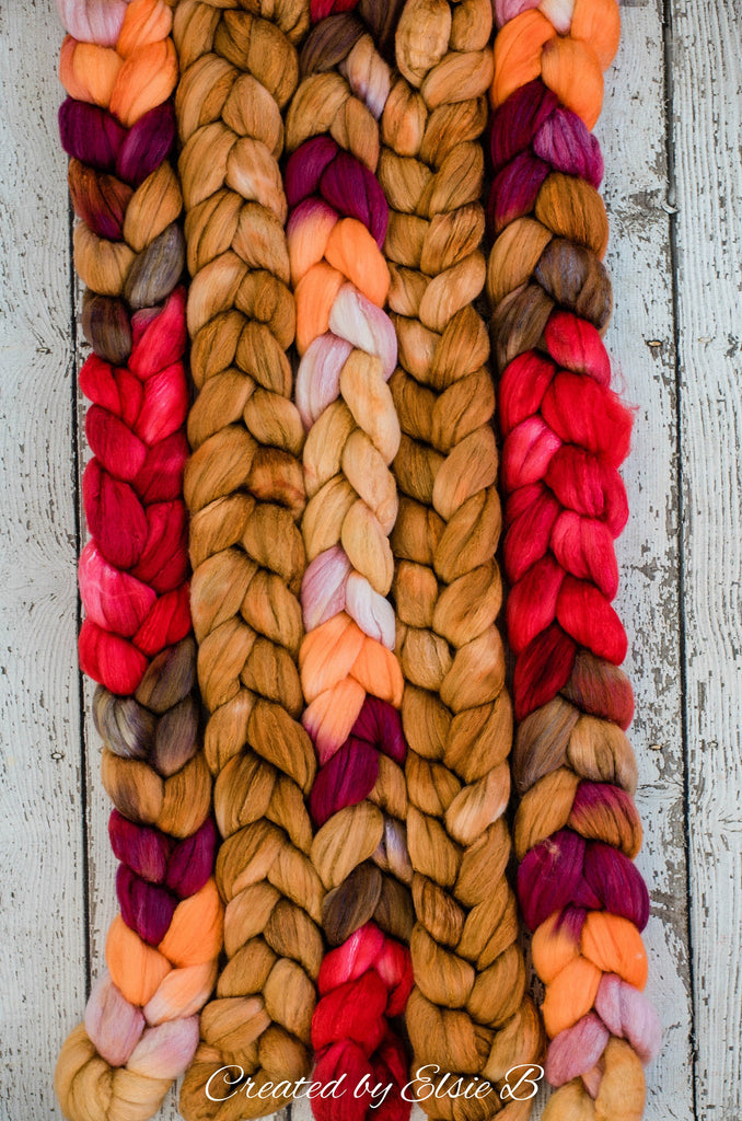 Organic Polwarth/ Silk &#39;Spice Market&#39; 4 oz wool silk roving, red hand dyed wool, CreatedbyElsieB orange combed top, brown spinning fiber