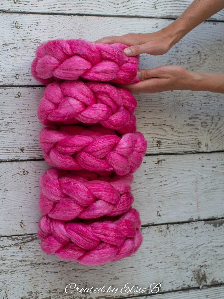 Polwarth/ Tencel &#39;Light Magenta&#39; 4 oz semi-solid spinning fiber, pink wool for spinning, roving by the pound, combed top, dyed wool roving