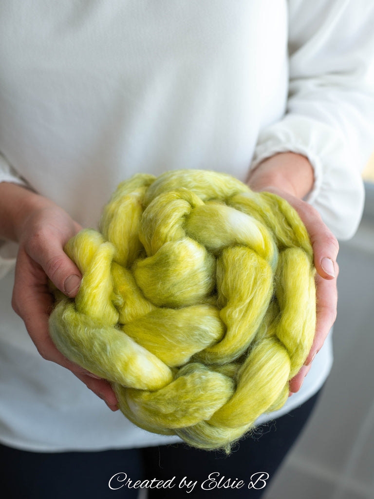 Polwarth/ Tencel &#39;Limoncello&#39; 4 oz semi-solid spinning fiber, yellow wool for spinning, roving by the pound, combed top, green wool roving