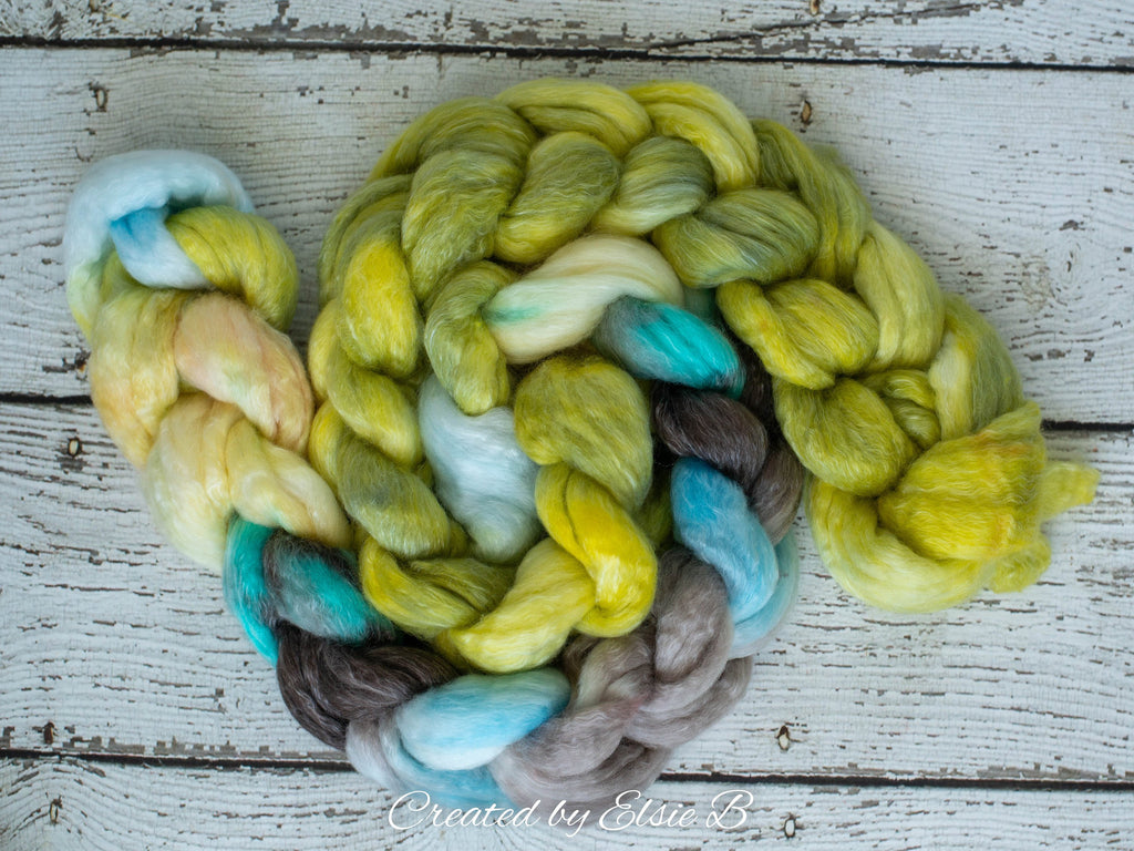 Polwarth/ Tencel &#39;Lemonade Stand&#39; 4 oz combed top, blue wool roving, yellow spinning fiber, CreatedbyElsieB hand dyed wool for spinning