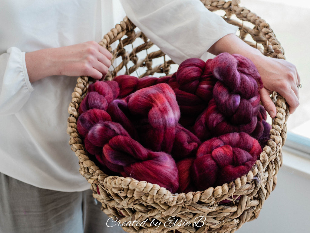 21 micron Merino &#39;Mulberry&#39; 4 oz semi-solid combed top, red spinning fiber, hand dyed roving, Created by Elsie B wool roving by the pound