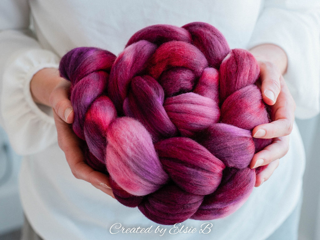 21 micron Merino &#39;Mulberry&#39; 4 oz semi-solid combed top, red spinning fiber, hand dyed roving, Created by Elsie B wool roving by the pound
