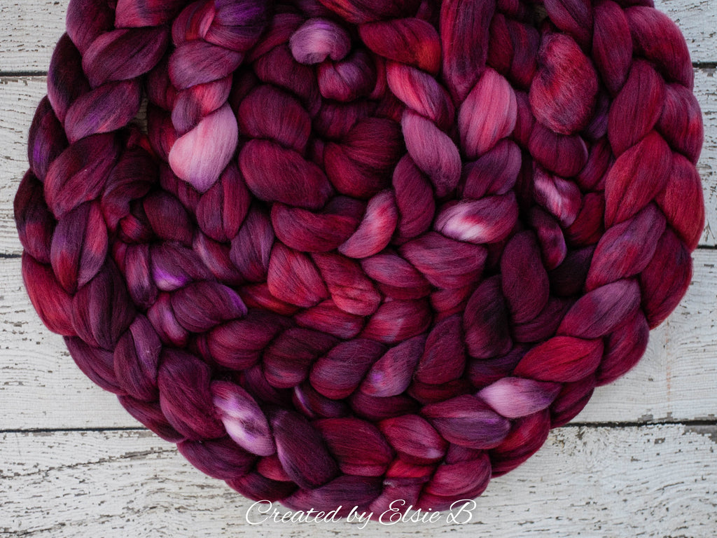 21 micron Merino &#39;Mulberry&#39; 4 oz semi-solid combed top, red spinning fiber, hand dyed roving, Created by Elsie B wool roving by the pound