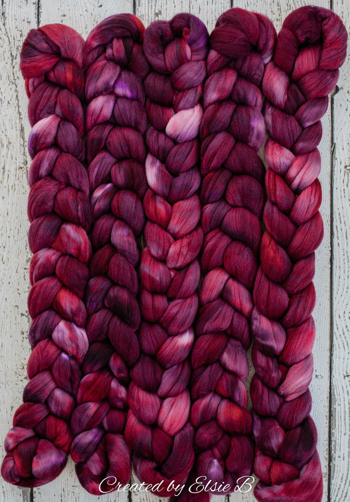 21 micron Merino &#39;Mulberry&#39; 4 oz semi-solid combed top, red spinning fiber, hand dyed roving, Created by Elsie B wool roving by the pound