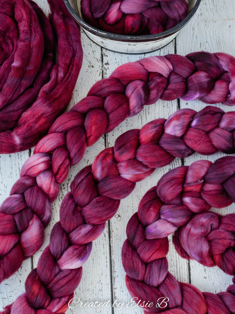 21 micron Merino &#39;Mulberry&#39; 4 oz semi-solid combed top, red spinning fiber, hand dyed roving, Created by Elsie B wool roving by the pound