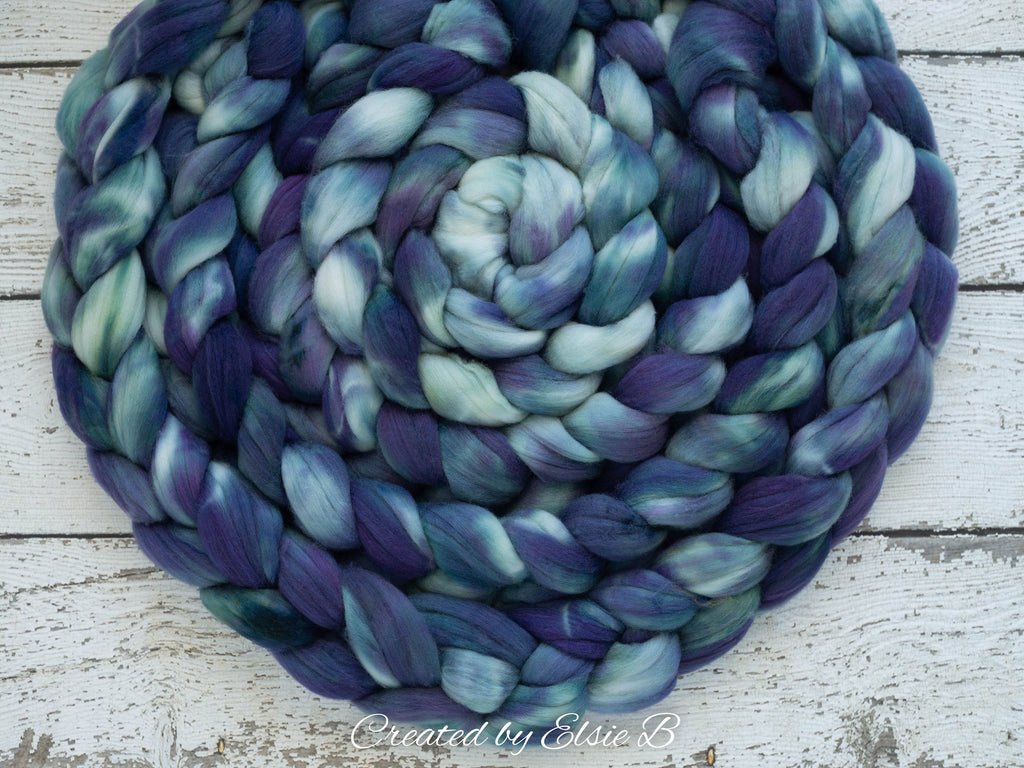 Superwash Merino/ Nylon &#39;Arctic Night&#39; 4 oz semi-solid purple combed top, superwash roving CreatedbyElsieB hand dyed roving, spinning fiber