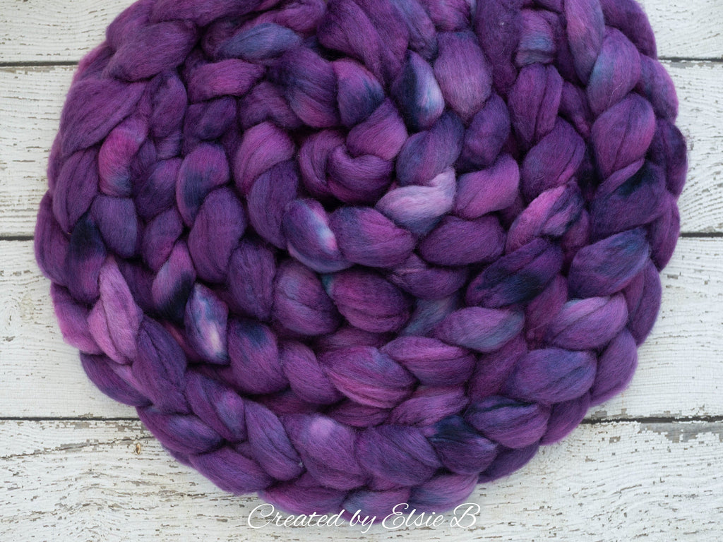 Blue Faced Leicester &#39;Dark Lilac&#39; 4 oz semi-solid purple combed top, BFL hand dyed top, spinning fiber, CreatedbyElsieB wool roving