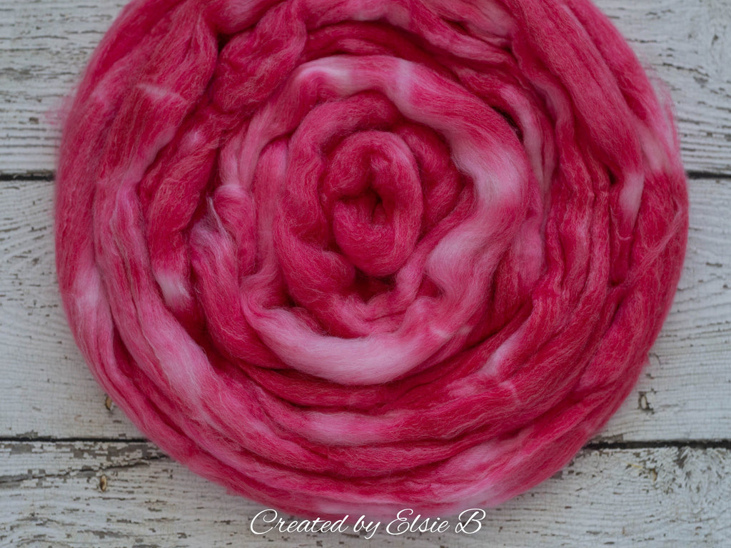SW Merino/ Bamboo/ Nylon &#39;Dragon Fruit&#39; 4 oz semi-solid fiber, red superwash roving, pink merino combed top, hand dyed roving for spinning