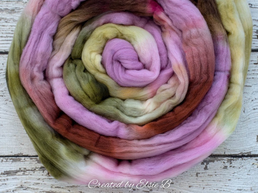 Rambouillet/ Nylon &#39;Sweet Orchid&#39; 4 oz spinning fiber, green hand dyed roving, brown roving by the pound, Created by Elsie B pink combed top