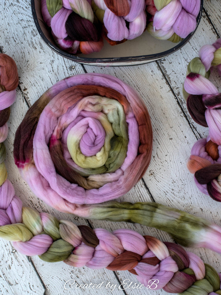 Rambouillet/ Nylon &#39;Sweet Orchid&#39; 4 oz spinning fiber, green hand dyed roving, brown roving by the pound, Created by Elsie B pink combed top