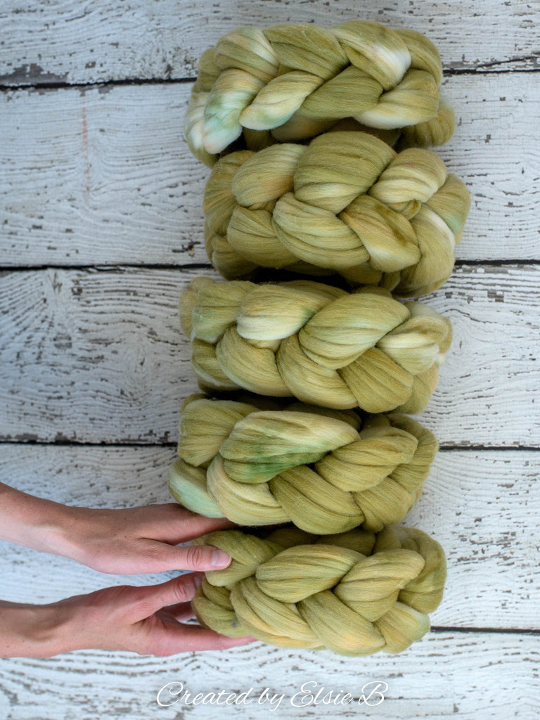 SALE*** Rambouillet/ Nylon &#39;Pistachio&#39; 4 oz semi-solid dusty green dyed roving by the pound, CreatedbyElsieB combed top, fiber for spinning