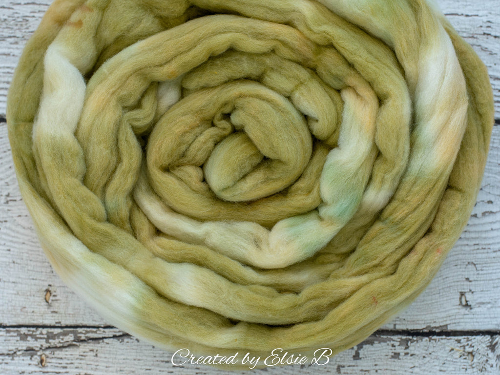 SALE*** Rambouillet/ Nylon &#39;Pistachio&#39; 4 oz semi-solid dusty green dyed roving by the pound, CreatedbyElsieB combed top, fiber for spinning