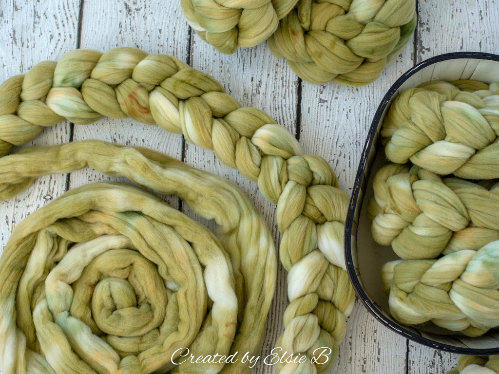 SALE*** Rambouillet/ Nylon &#39;Pistachio&#39; 4 oz semi-solid dusty green dyed roving by the pound, CreatedbyElsieB combed top, fiber for spinning