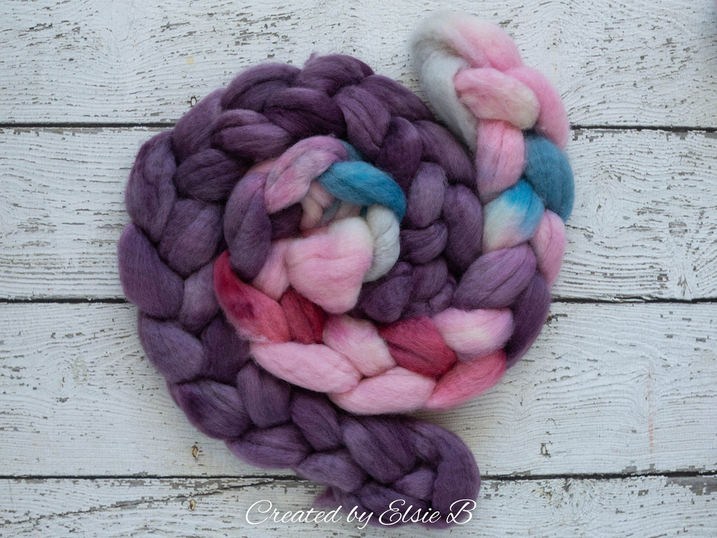 Blue Faced Leicester &#39;Ice Cream Parlor&#39; 4 oz pink combed top, BFL hand dyed top, blue spinning fiber, Created by Elsie B purple wool roving