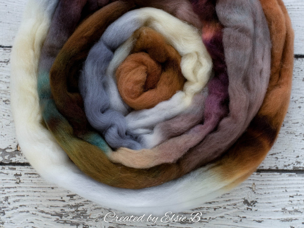 Polwarth &#39;Camping Trip&#39; 4 oz brown combed top for spinning, Created by ElsieB green spinning fiber, gray wool by the pound, hand dyed roving