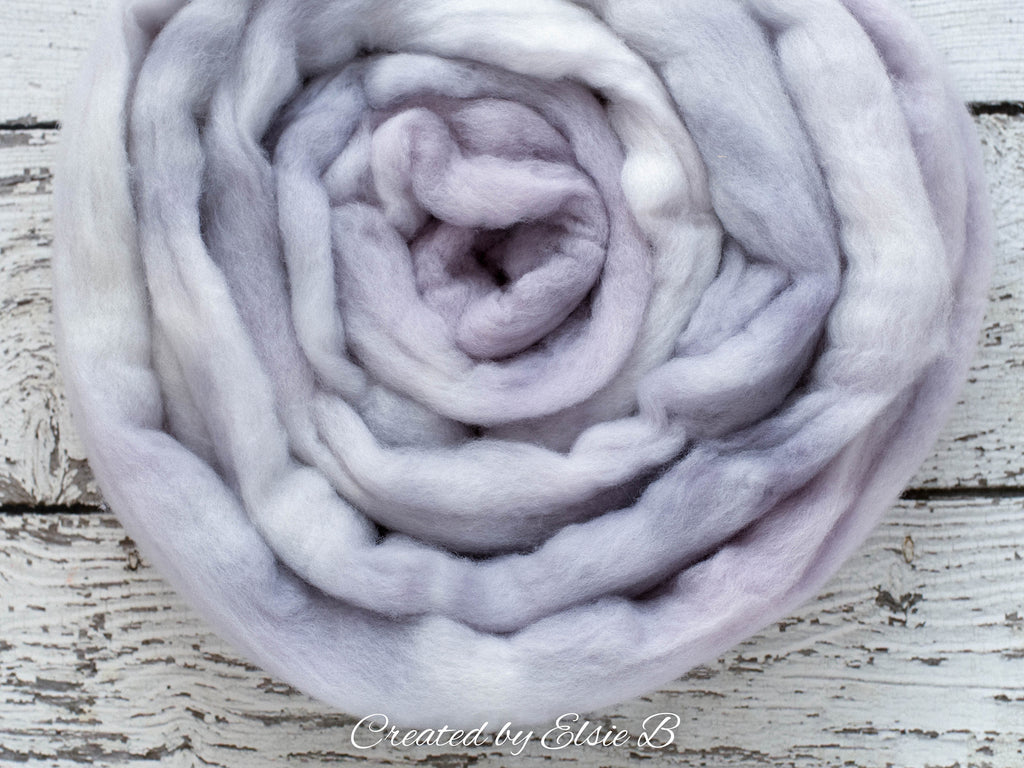 Polwarth &#39;Whisper&#39; 4 oz semi-solid combed top for spinning, Created by ElsieB spinning fiber, gray hand dyed wool roving, learning to spin