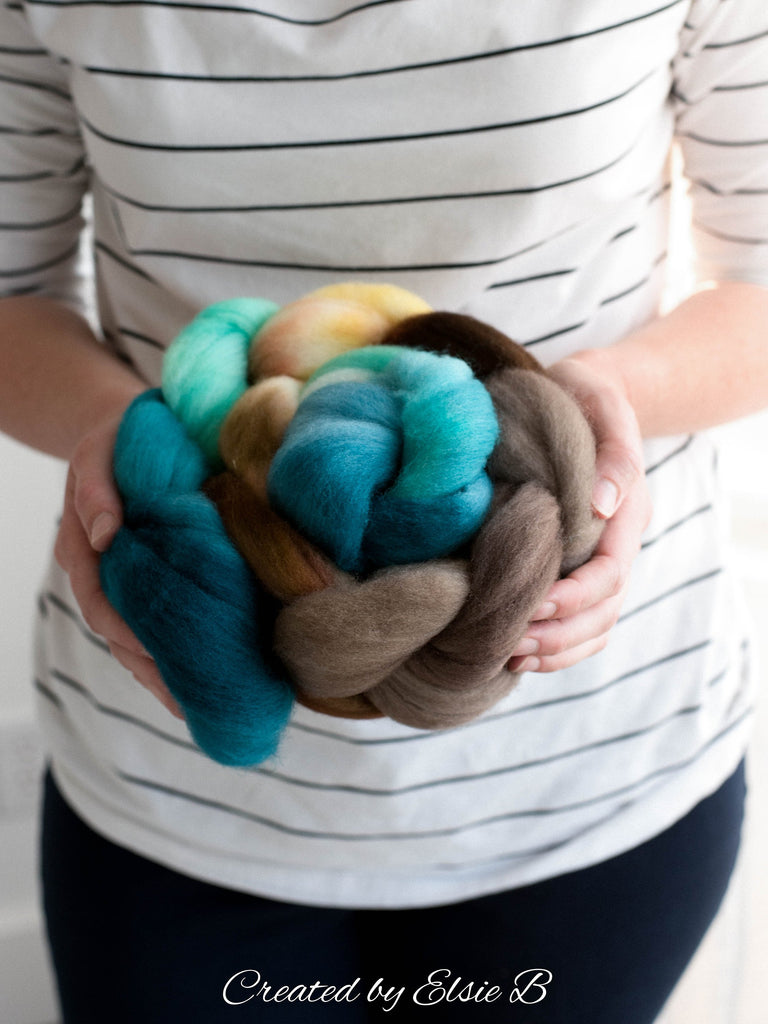 Polwarth &#39;Bahama Breeze&#39; 4 oz brown combed top for spinning, CreatedbyElsieB teal spinning fiber, cream wool by the pound, hand dyed roving