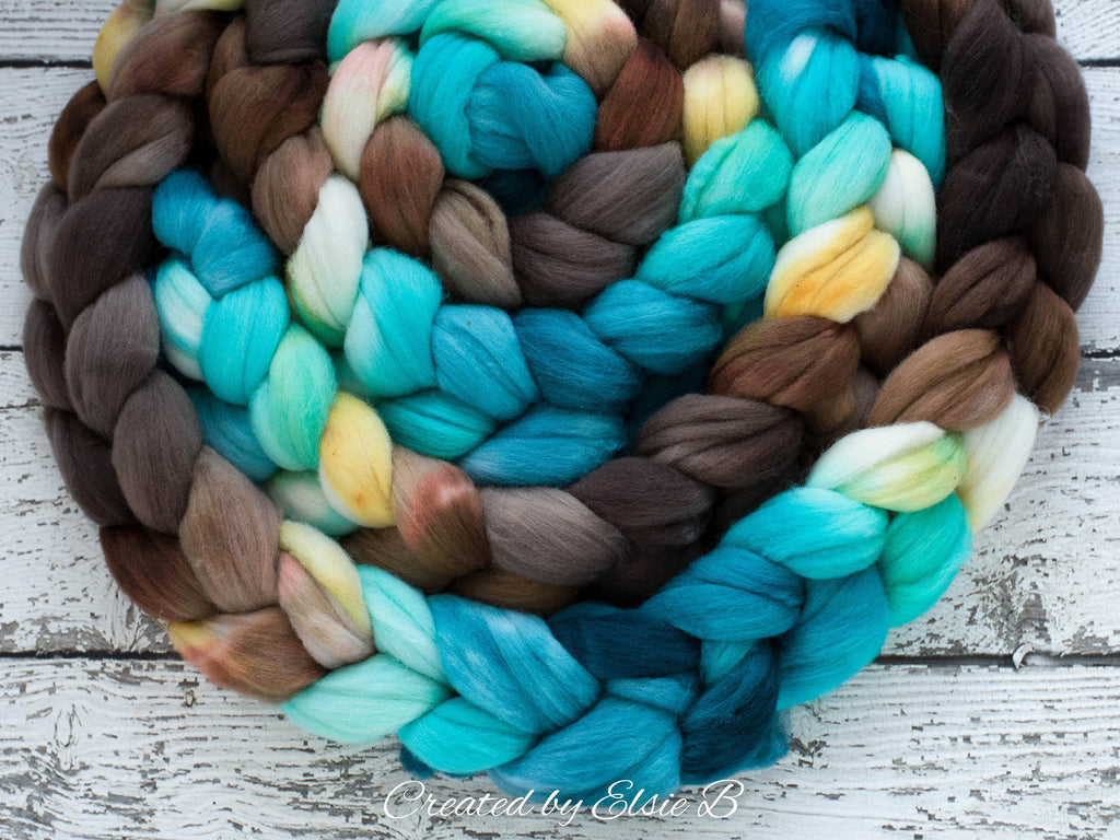 Polwarth &#39;Bahama Breeze&#39; 4 oz brown combed top for spinning, CreatedbyElsieB teal spinning fiber, cream wool by the pound, hand dyed roving