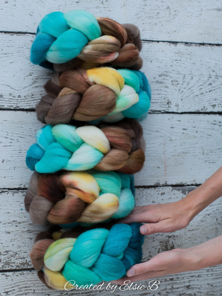 Polwarth &#39;Bahama Breeze&#39; 4 oz brown combed top for spinning, CreatedbyElsieB teal spinning fiber, cream wool by the pound, hand dyed roving