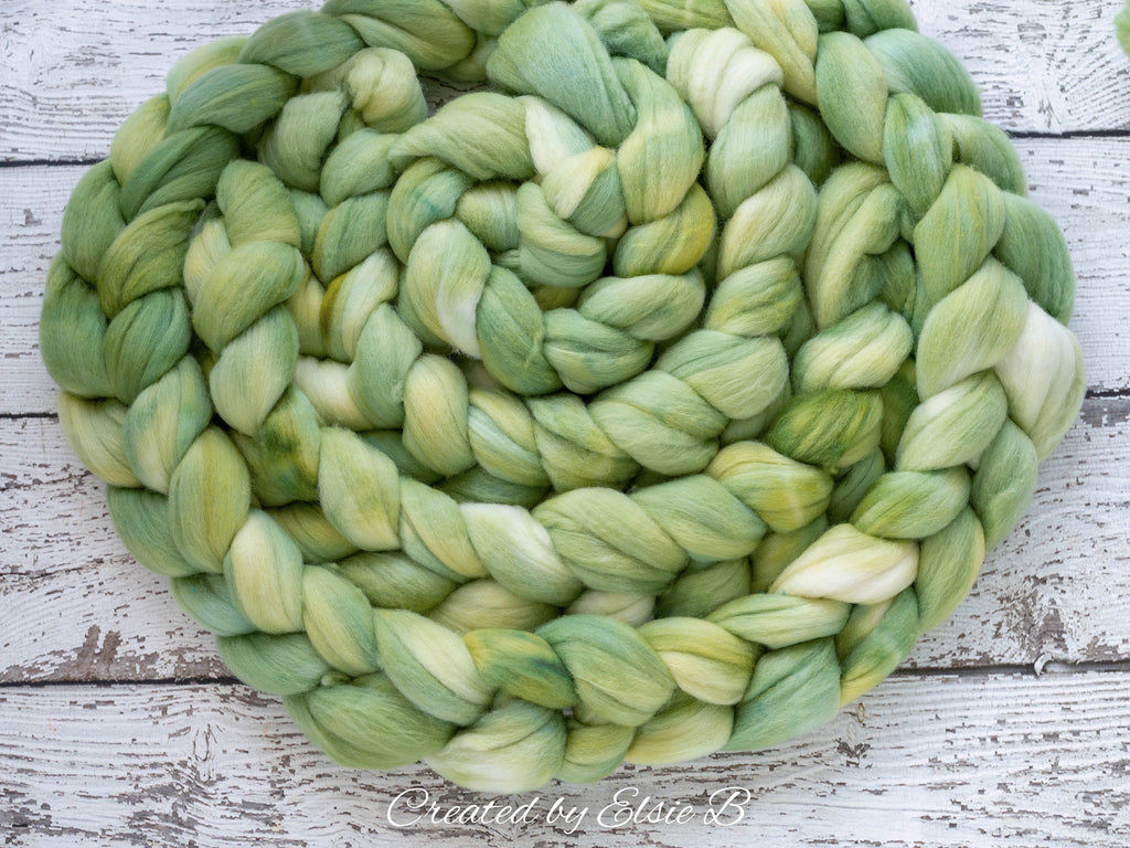 Polwarth &#39;Chrysalis&#39; 4 oz semi-solid green combed top for spinning, CreatedbyElsieB spinning fiber, hand dyed wool roving, learning to spin