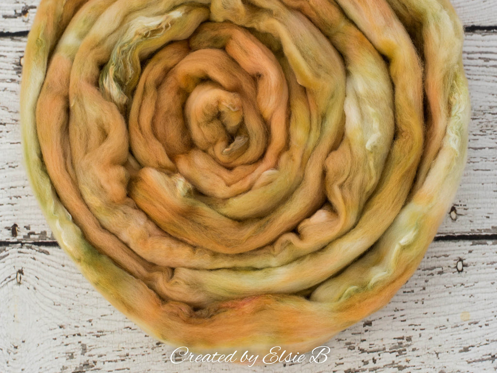 Superfine Merino/ Silk &#39;Pine Sap&#39; 4 oz semi-solid hand dyed roving, Created by Elsie B spinning fiber, brown combed top, wool for spinning