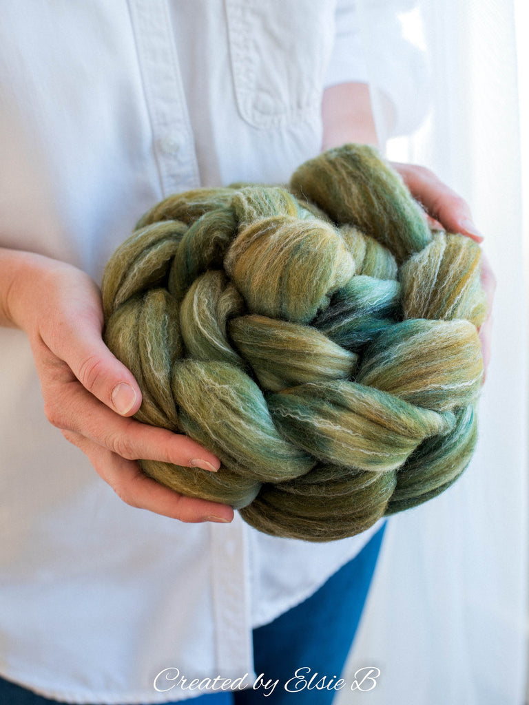 Targhee/ Bamboo/ Silk &#39;Oak Leaf&#39; 4 oz semi-solid green spinning fiber, hand dyed roving by the pound, Created by Elsie B wool combed top