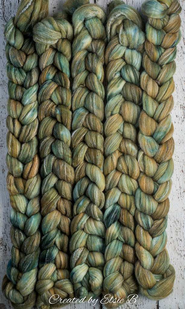Targhee/ Bamboo/ Silk &#39;Oak Leaf&#39; 4 oz semi-solid green spinning fiber, hand dyed roving by the pound, Created by Elsie B wool combed top