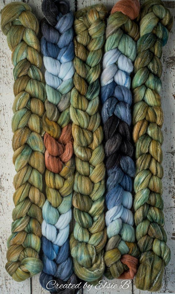 Targhee/ Bamboo/ Silk &#39;Oak Leaf&#39; 4 oz semi-solid green spinning fiber, hand dyed roving by the pound, Created by Elsie B wool combed top