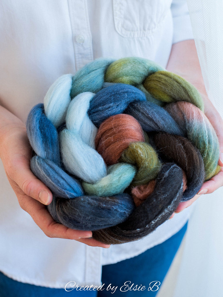 Targhee/ Bamboo/ Silk &#39;Big Sky Country&#39; 4 oz green spinning fiber, blue hand dyed roving by the pound, CreatedbyElsieB black wool combed top