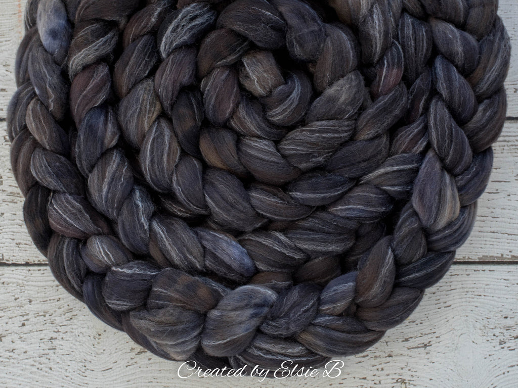 Targhee/ Bamboo/ Silk &#39;Coal&#39; 4 oz semi-solid black spinning fiber, hand dyed roving by the pound, Created by Elsie B wool combed top
