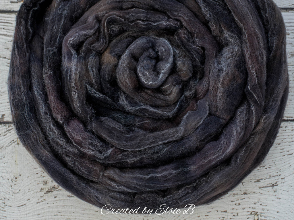 Targhee/ Bamboo/ Silk &#39;Coal&#39; 4 oz semi-solid black spinning fiber, hand dyed roving by the pound, Created by Elsie B wool combed top