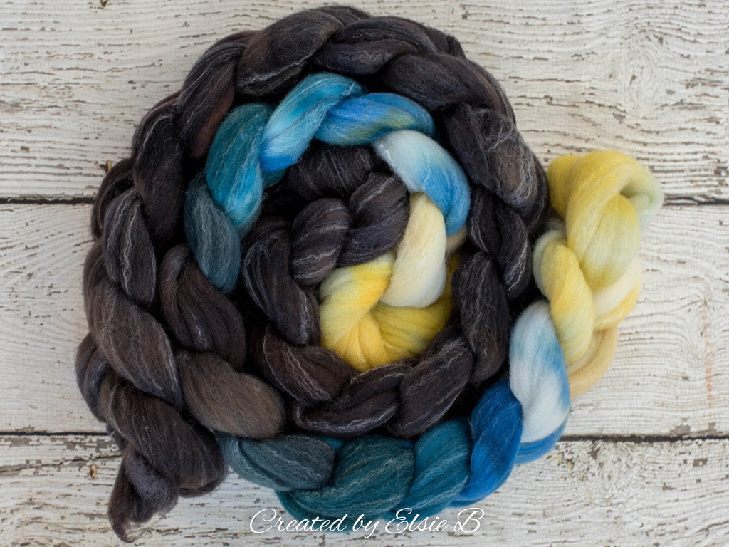 Targhee/ Bamboo/ Silk &#39;Dandelions at Dusk&#39; 4 oz yellow spinning fiber, blue hand dyed roving by the pound, Created by ElsieB wool combed top