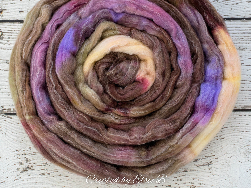 Targhee/ Bamboo/ Silk &#39;Moorland Heather&#39; 4 oz brown spinning fiber, purple hand dyed roving by the pound, Created by ElsieB wool combed top