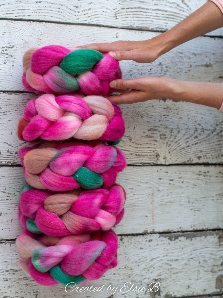 Falkland &#39;Flamingo&#39; 4 oz spinning fiber, pink wool roving for spinning, Created by Elsie B roving wool, hand dyed roving, mint combed top