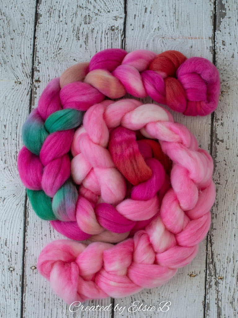 Falkland &#39;Flamingo&#39; 4 oz spinning fiber, pink wool roving for spinning, Created by Elsie B roving wool, hand dyed roving, mint combed top