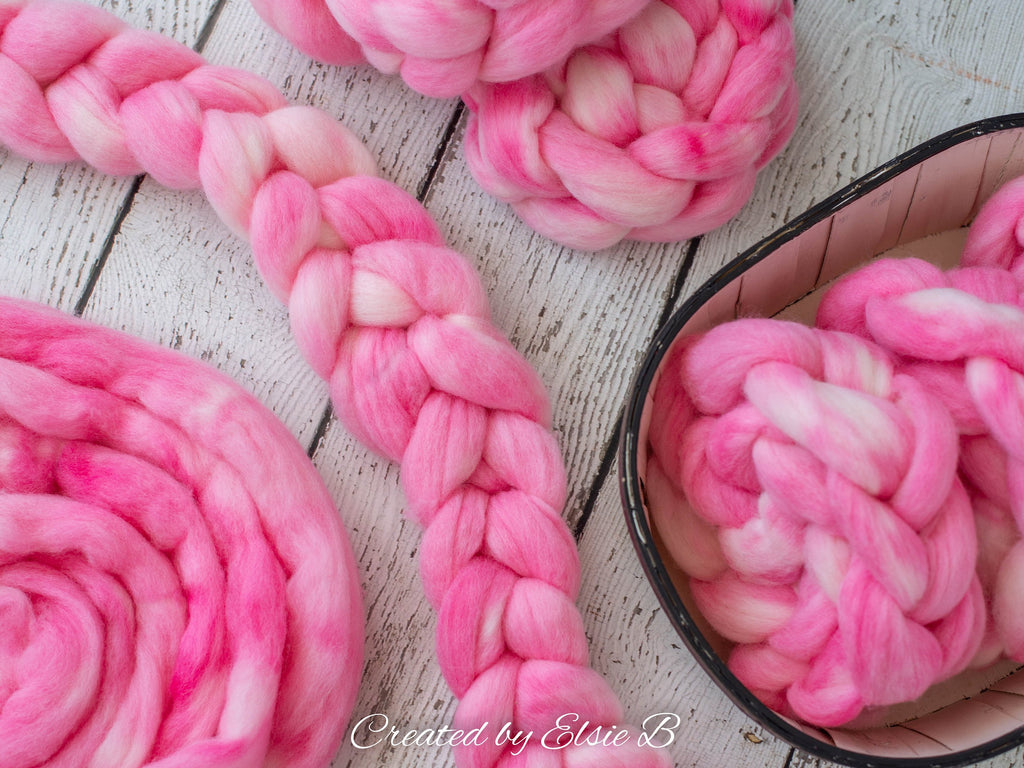 Falkland &#39;Bubble Gum&#39; 4 oz semi-solid spinning fiber, hand dyed roving wool for spinning, CreatedbyElsieB wool by the pound, pink combed top