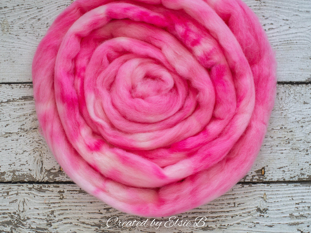 Falkland &#39;Bubble Gum&#39; 4 oz semi-solid spinning fiber, hand dyed roving wool for spinning, CreatedbyElsieB wool by the pound, pink combed top
