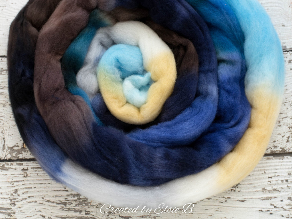 Organic Polwarth &#39;Sea Storm&#39; 4 oz blue spinning fiber, brown wool roving for spinning, hand dyed roving, Created by Elsie B navy combed top