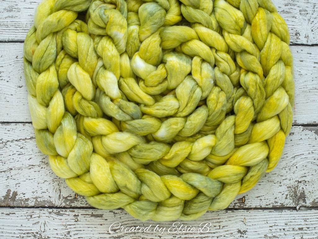 Polwarth/ Tencel &#39;Limoncello&#39; 4 oz semi-solid spinning fiber, yellow wool for spinning, roving by the pound, combed top, green wool roving