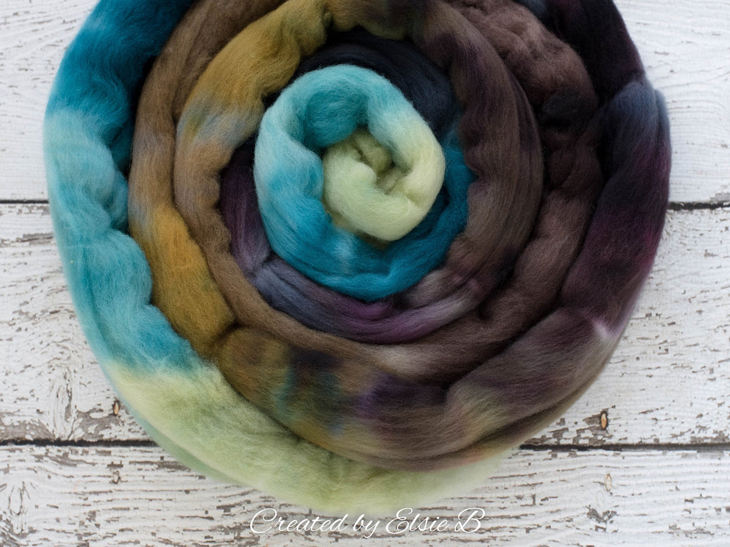 Organic Polwarth &#39;Calm Before the Storm&#39; 4 oz teal spinning fiber, brown wool roving for spinning, Created by Elsie B hand dyed combed top