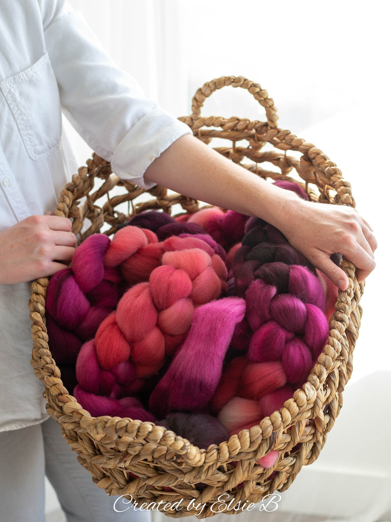 Organic Polwarth &#39;Burgundy Dahlia&#39; 4 oz maroon spinning fiber, red wool roving for spinning, hand dyed roving, Created by Elsie B combed top