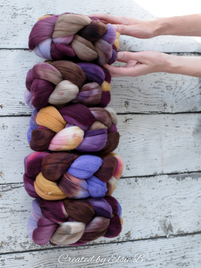 Targhee &#39;Muscadine Wine&#39; 4 oz hand dyed spinning fiber, purple roving by the pound, Created by ElsieB brown combed top, plum wool fiber
