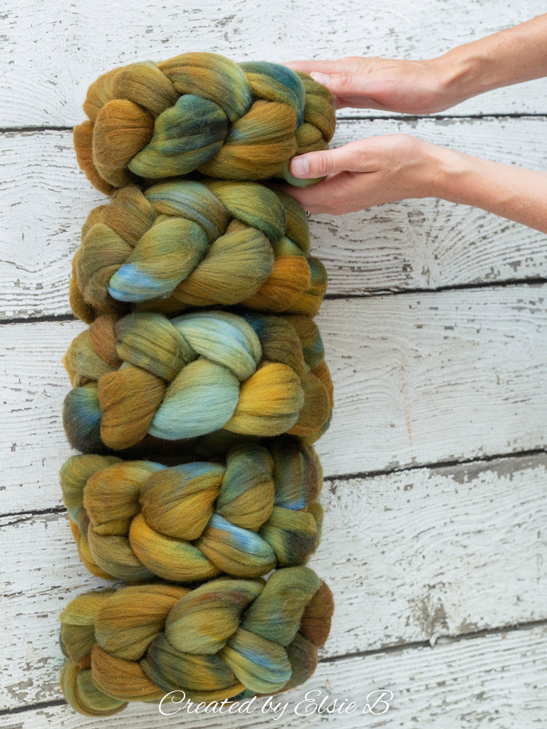 Targhee &#39;Olive Green &#39; 4 oz semi-solid hand dyed spinning fiber, green dyed roving by the pound, Created by Elsie B combed top, wool roving