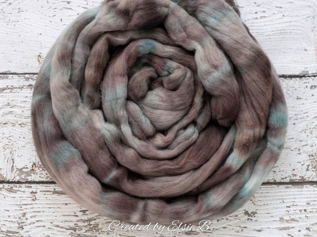Targhee &#39;Foggy Bay &#39; 4 oz semi-solid hand dyed spinning fiber, gray blue dyed roving by the pound, Created by ElsieB combed top, wool roving