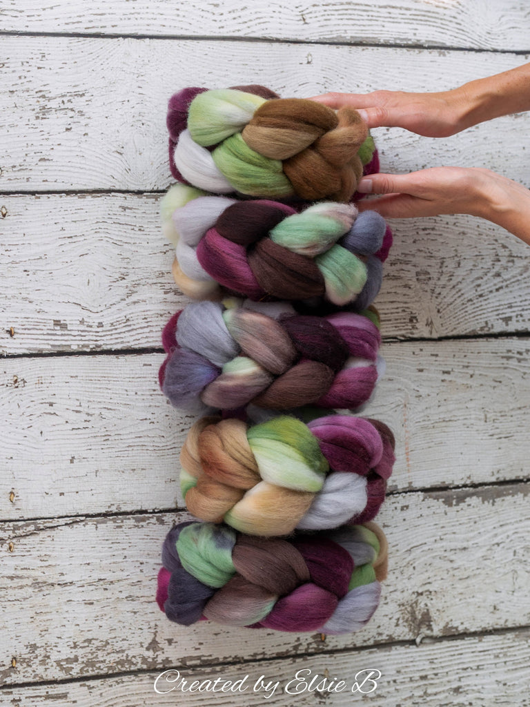 Polwarth &#39;Tea in the Garden&#39; 4 oz gray combed top for spinning, CreatedbyElsieB plum spinning fiber, mint wool by the pound, handdyed roving