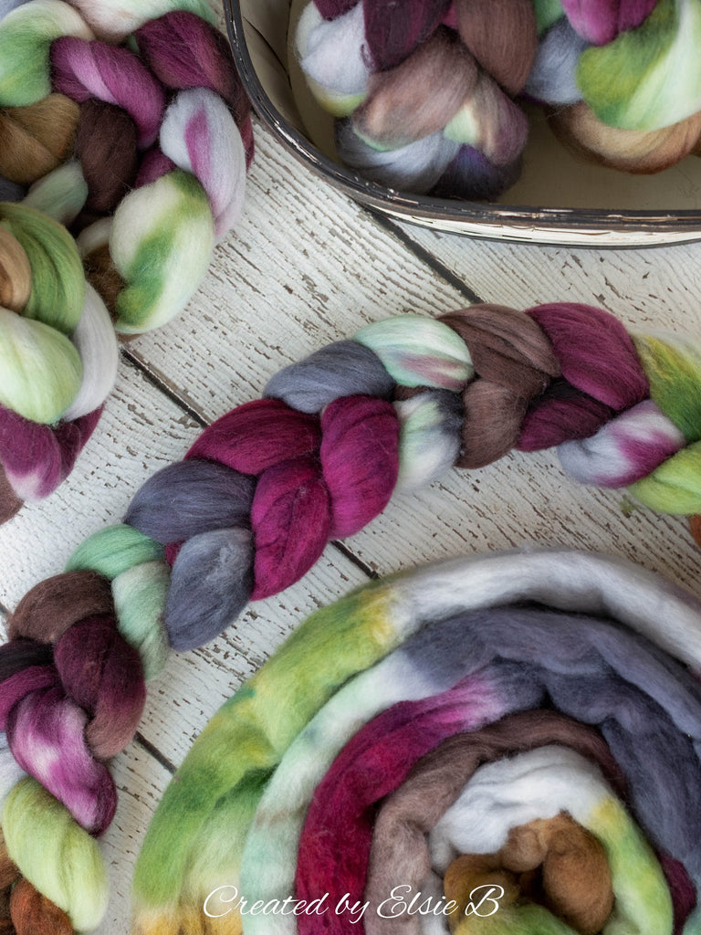Polwarth &#39;Tea in the Garden&#39; 4 oz gray combed top for spinning, CreatedbyElsieB plum spinning fiber, mint wool by the pound, handdyed roving